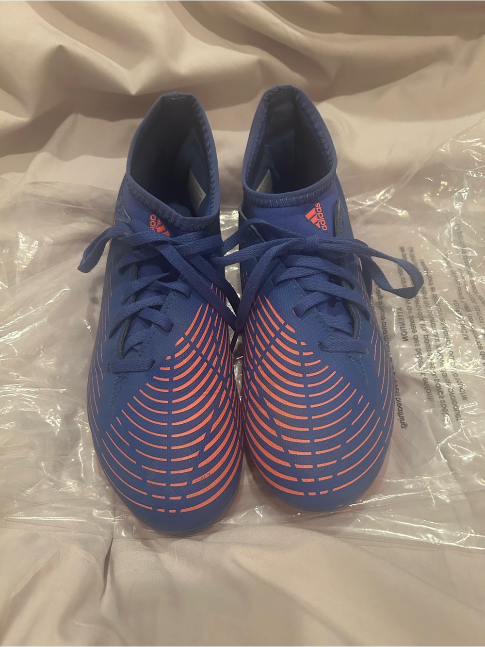 adidas Kids Blue Soccer Sneakers with Orange Striped Accents